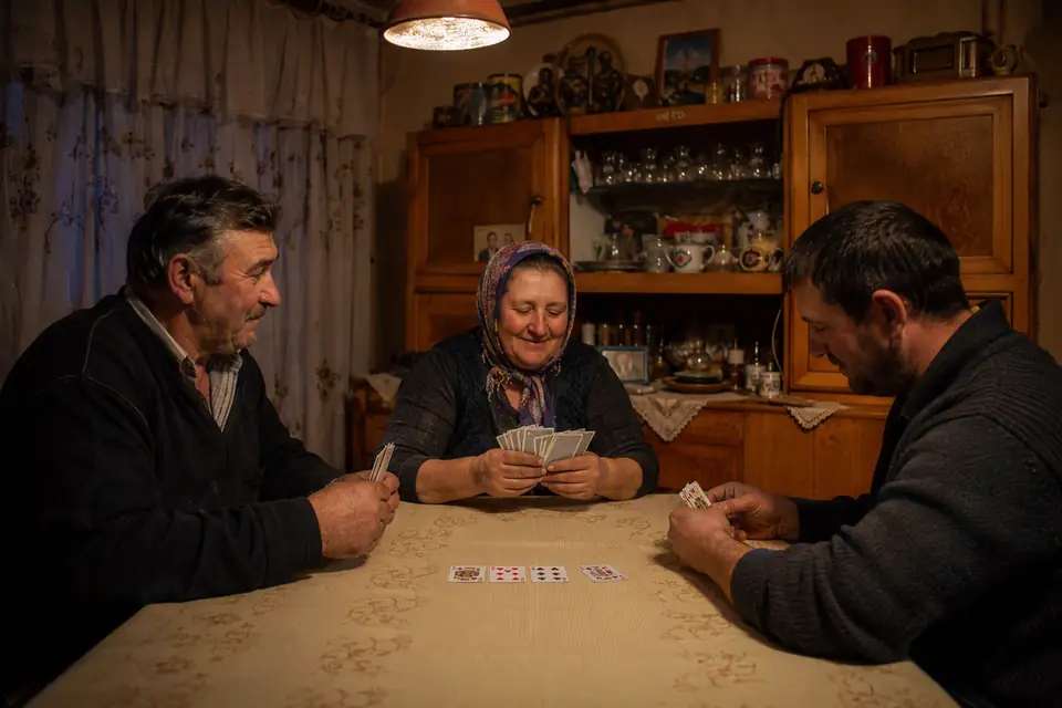 trei persoane jucând cărți la o masă de bucătărie, cu o levată de patru cărți întoarse la mijloc